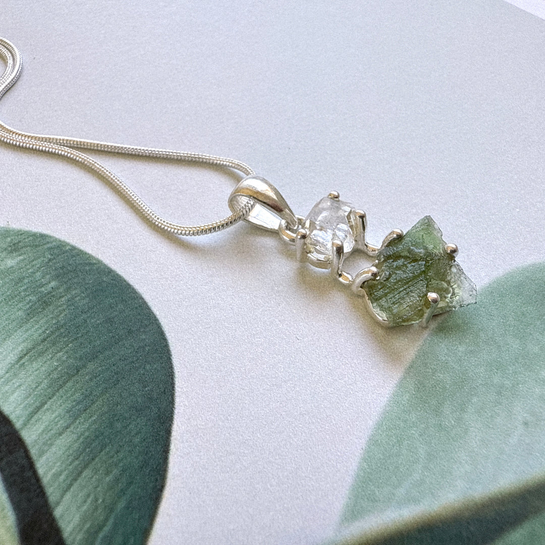 MOLDAVITE & HERKEMIER DIAMOND PENDANT
