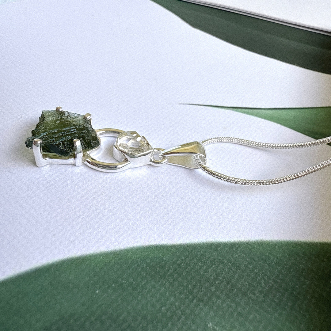 MOLDAVITE & HERKEMIER DIAMOND PENDANT