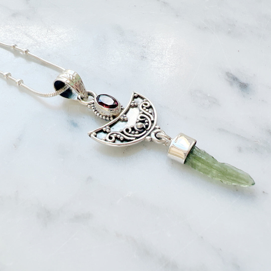 Moldavite & Garnet Pendant
