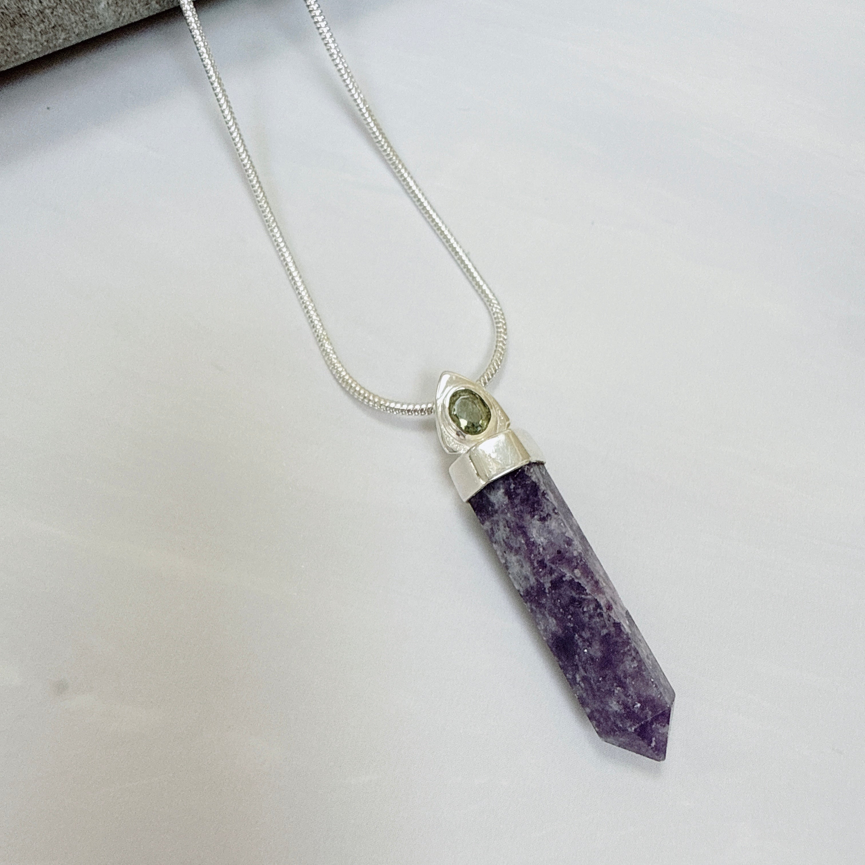 Purple Lepidolite Worry Stone & Moldavite Faceted Pendant