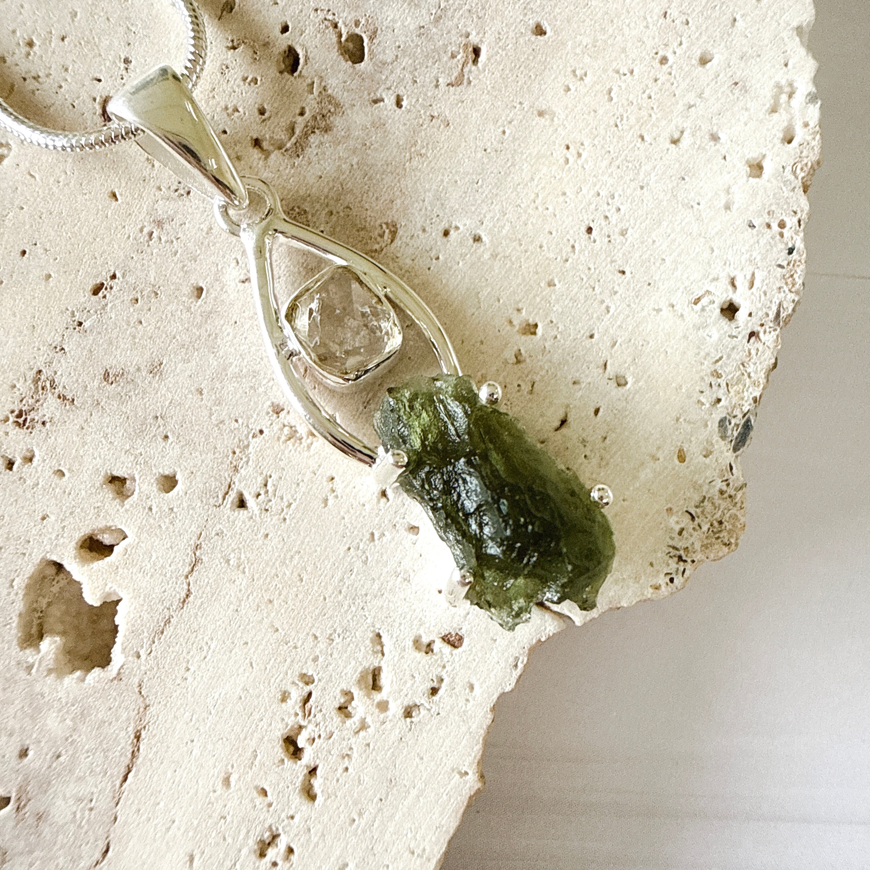 Moldavite & Herkimer Diamond Pendant