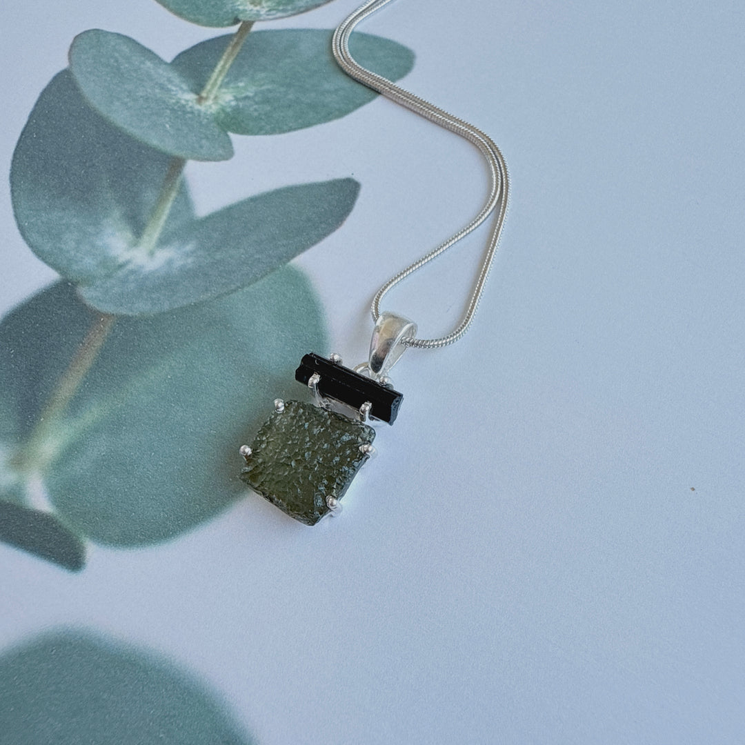 MOLDAVITE & BLACK TOURMALINE PENDANT