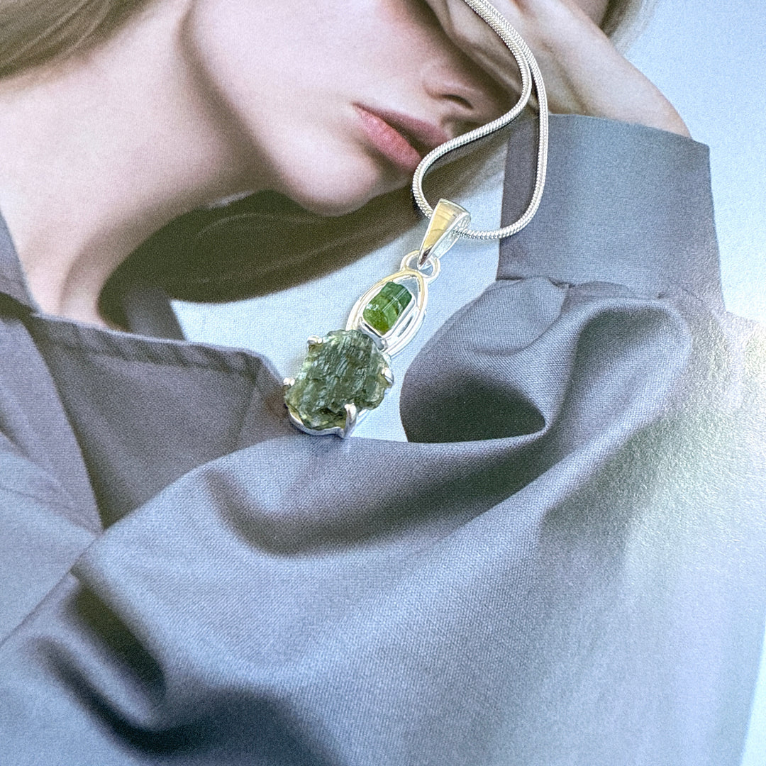 Moldavite & Green Tourmaline Pendant
