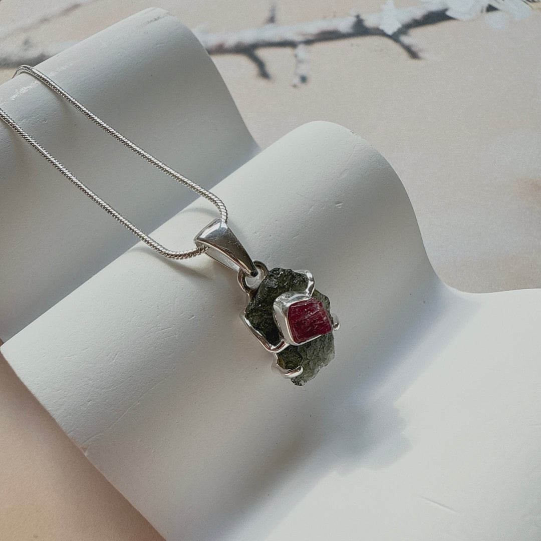 Moldavite & Pink Tourmaline Pendant
