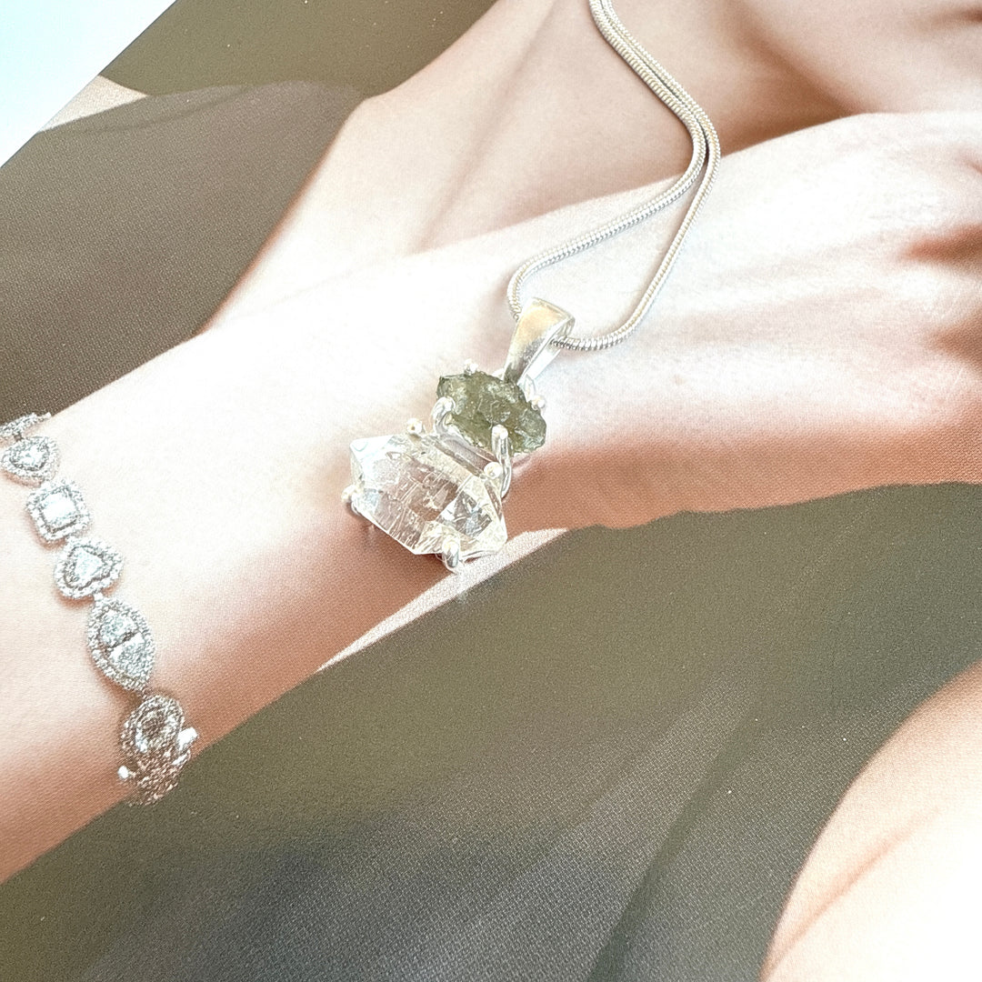 MOLDAVITE & HERKEMIER DIAMOND PENDANT
