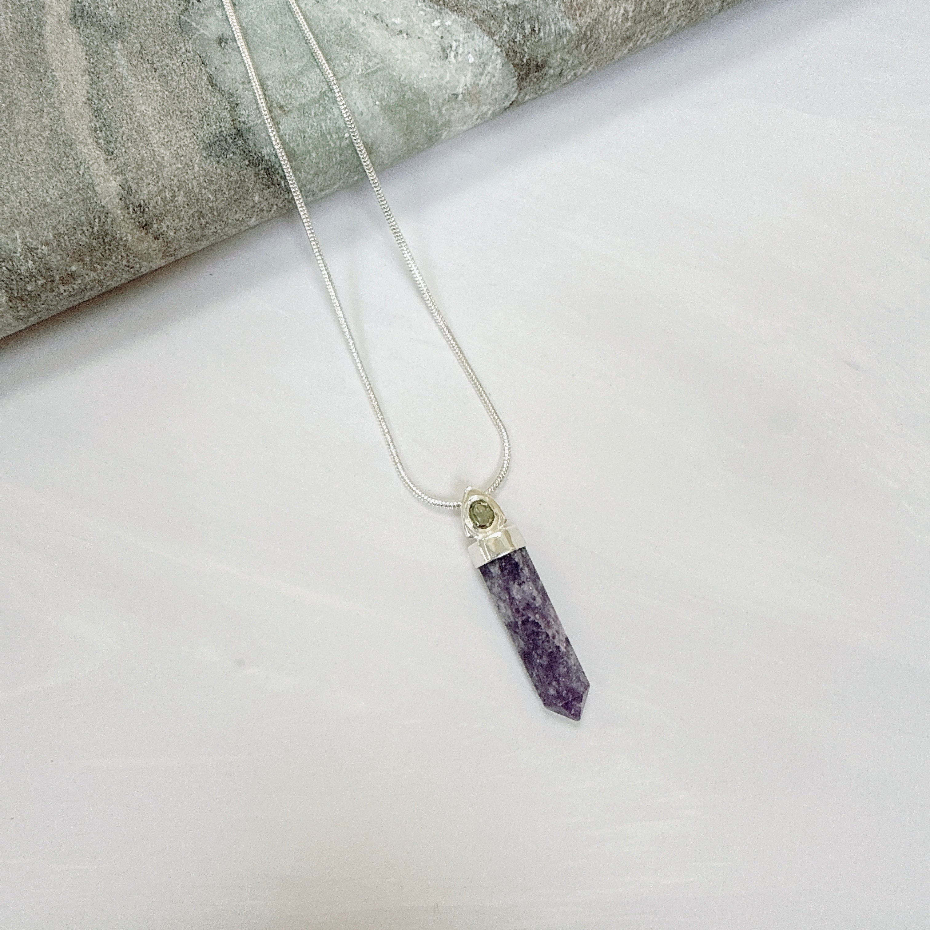 Purple Lepidolite Worry Stone & Moldavite Faceted Pendant