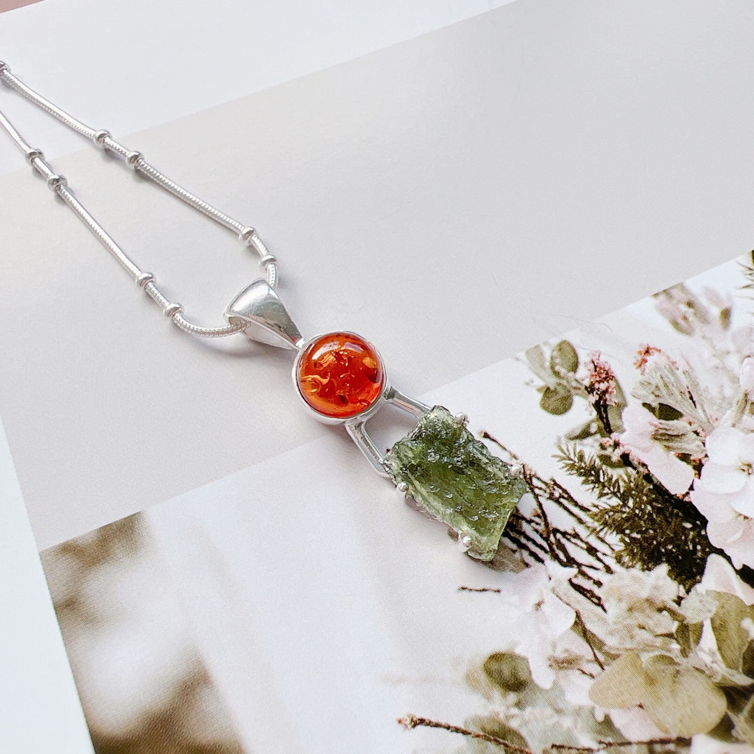 Moldavite & Baltic Amber Pendant