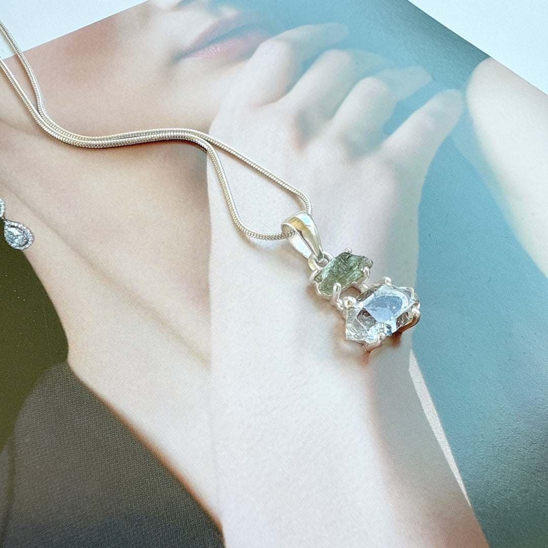 MOLDAVITE & HERKEMIER DIAMOND PENDANT