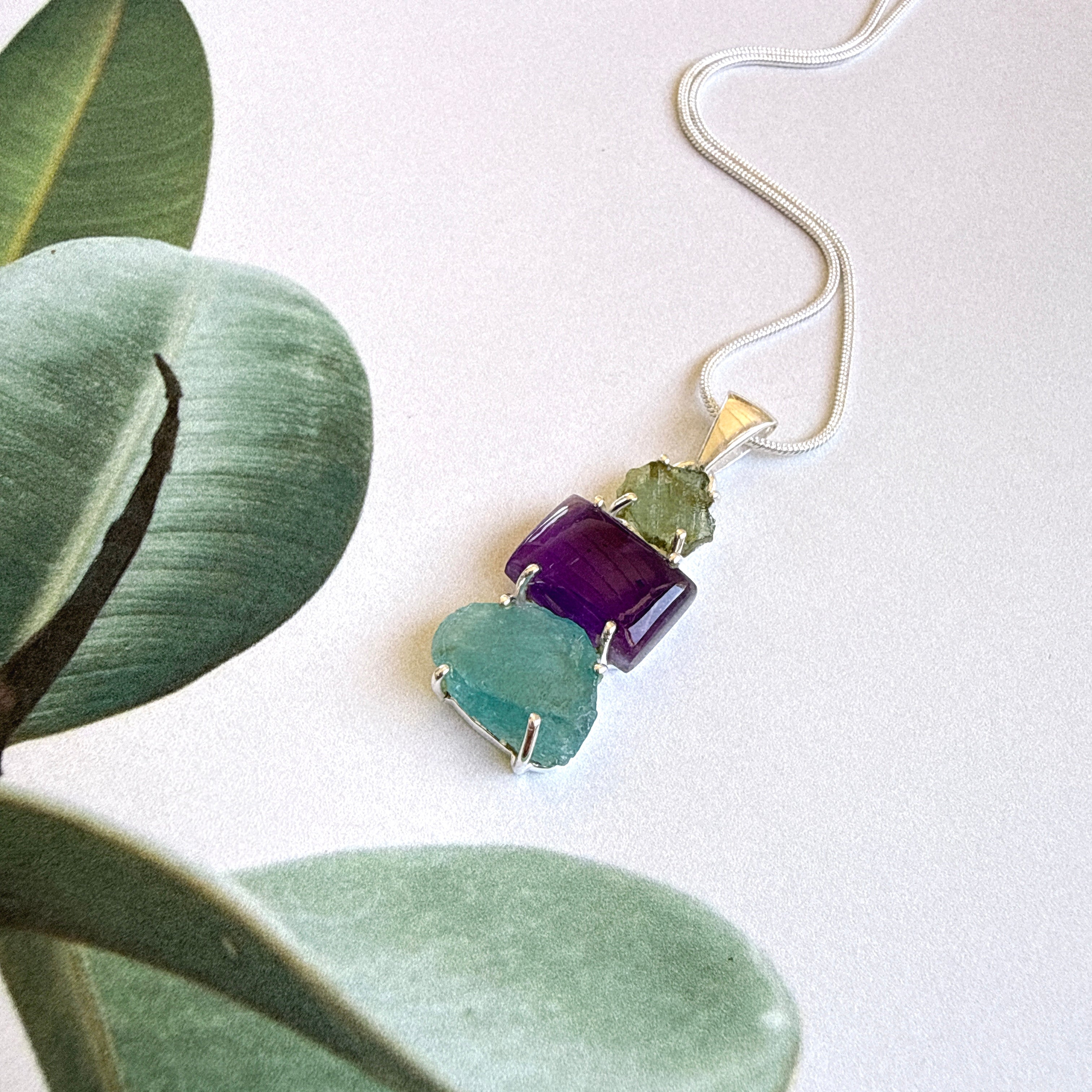 Moldavite, Amethyst & Neon Blue Apatite Pendant