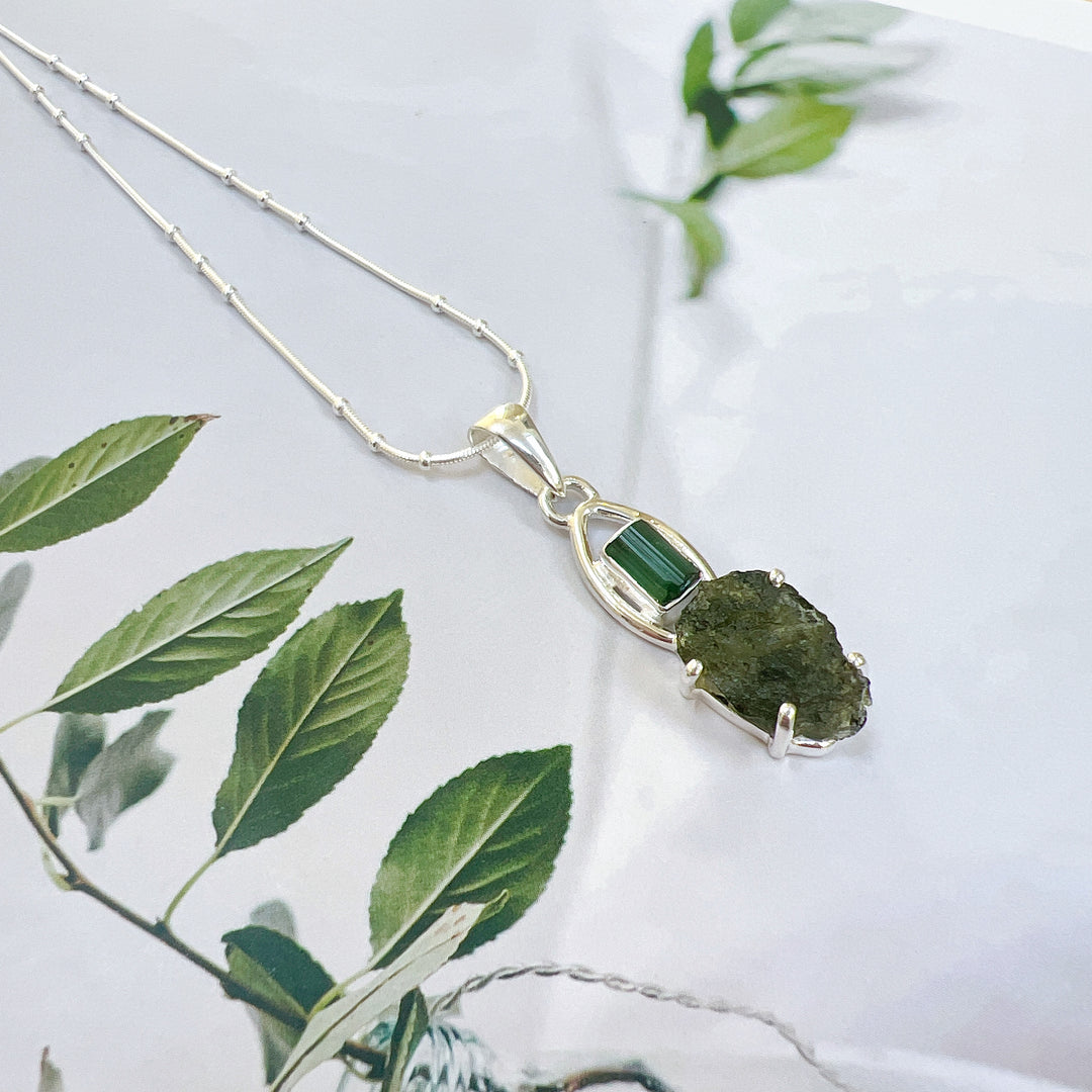 Moldavite & Green Tourmaline Pendant
