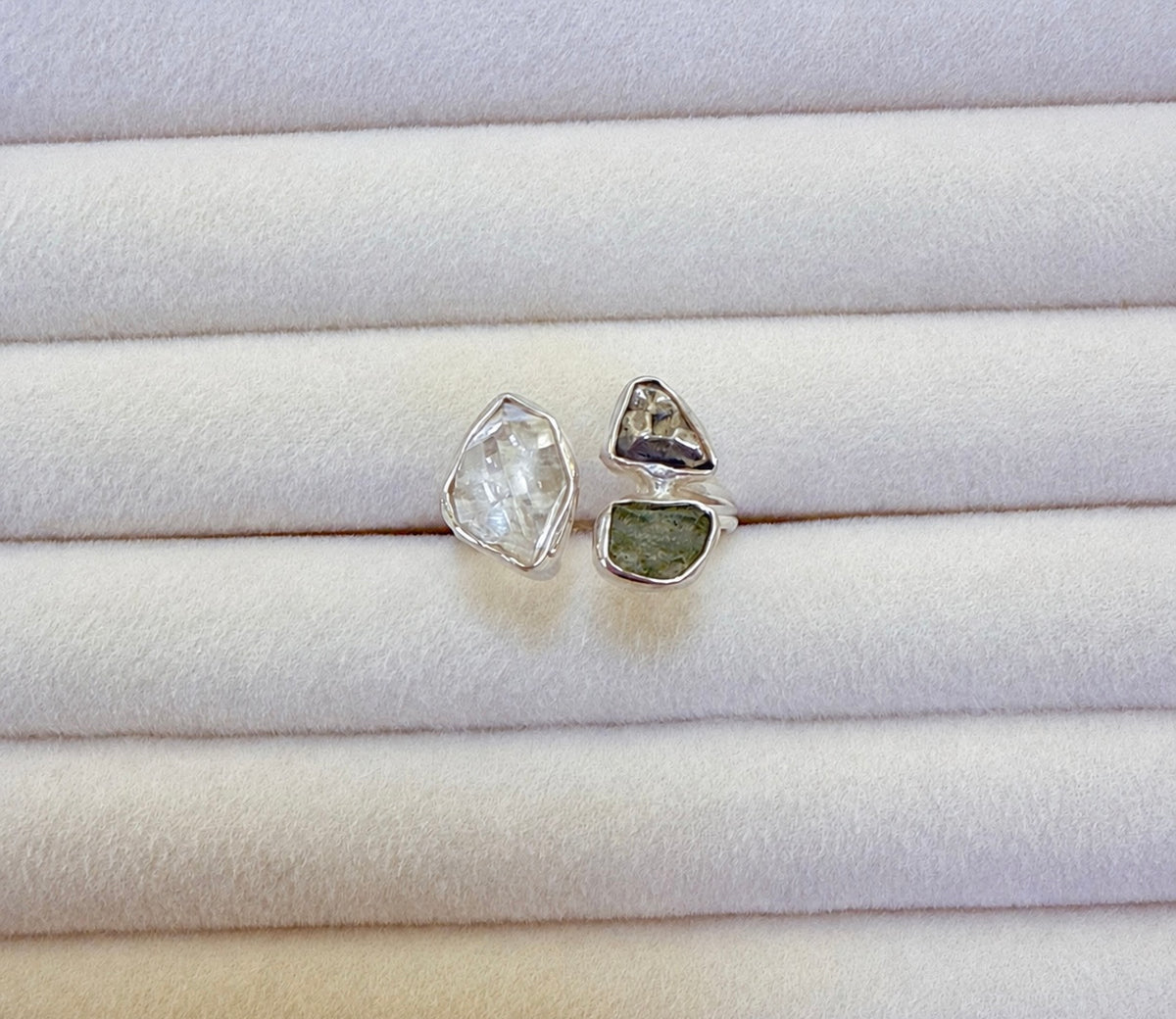 Moldavite, Herkimer Diamond & Meteorite Campo del Cielo Ring