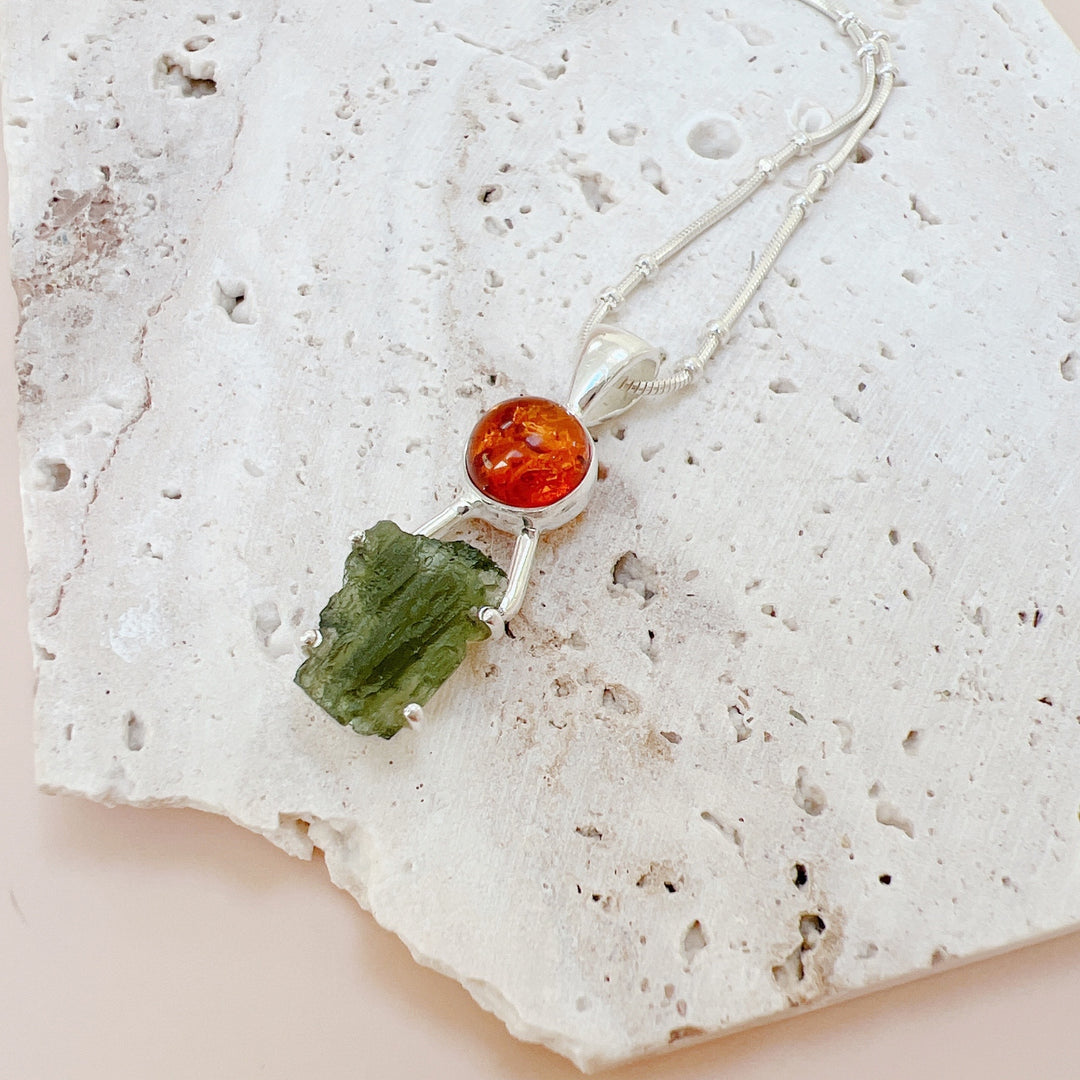 MOLDAVITE & BALTIC AMBER PENDANT
