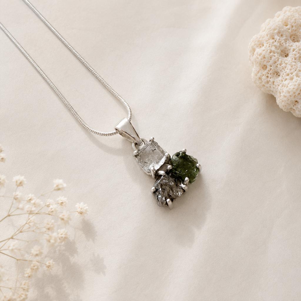 Moldavite, Herkimer Diamond & Campo del Cielo Meteorite Pendant