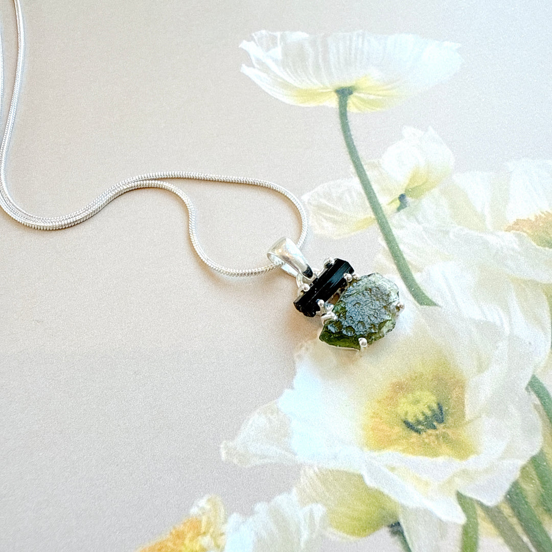 MOLDAVITE & BLACK TOURMALINE PENDANT
