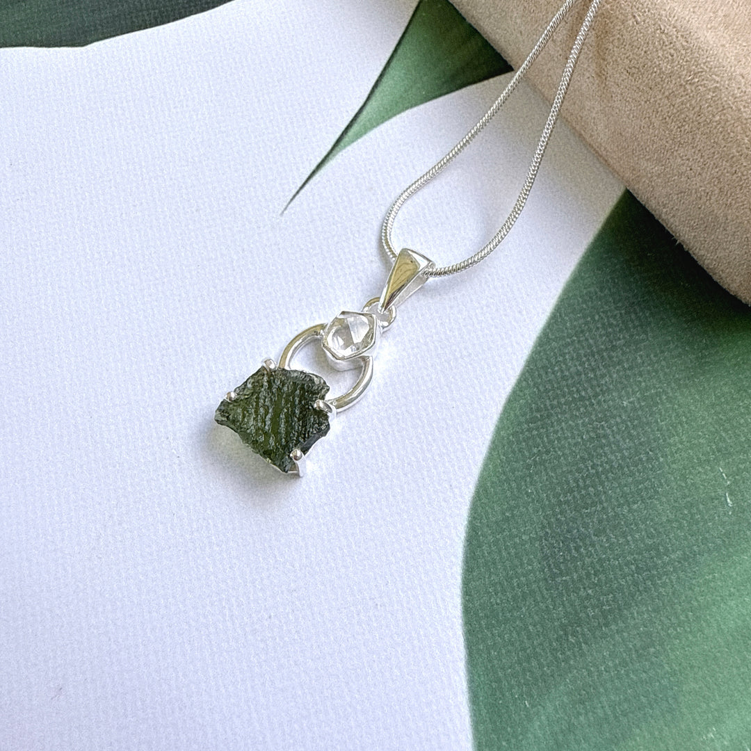 MOLDAVITE & HERKEMIER DIAMOND PENDANT
