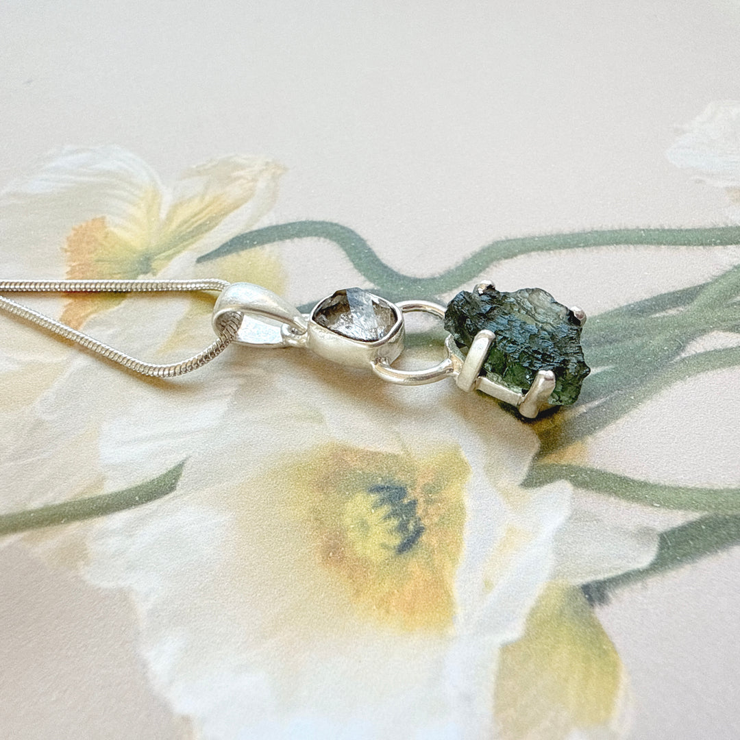 MOLDAVITE & HERKEMIER DIAMOND PENDANT