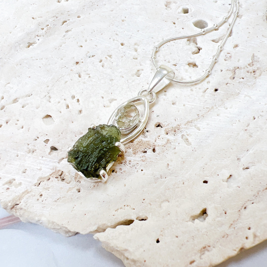 MOLDAVITE & HERKEMIER DIAMOND PENDANT