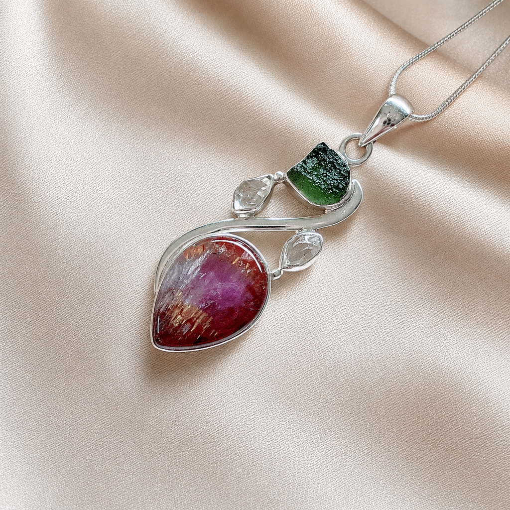 Designer – Super Seven Cacoxenite, Moldavite & Herkimer Diamond Pendant