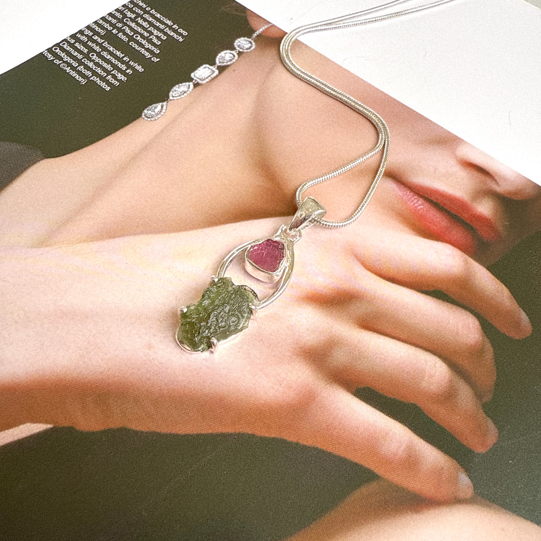 Moldavite & Pink Tourmaline Pendant