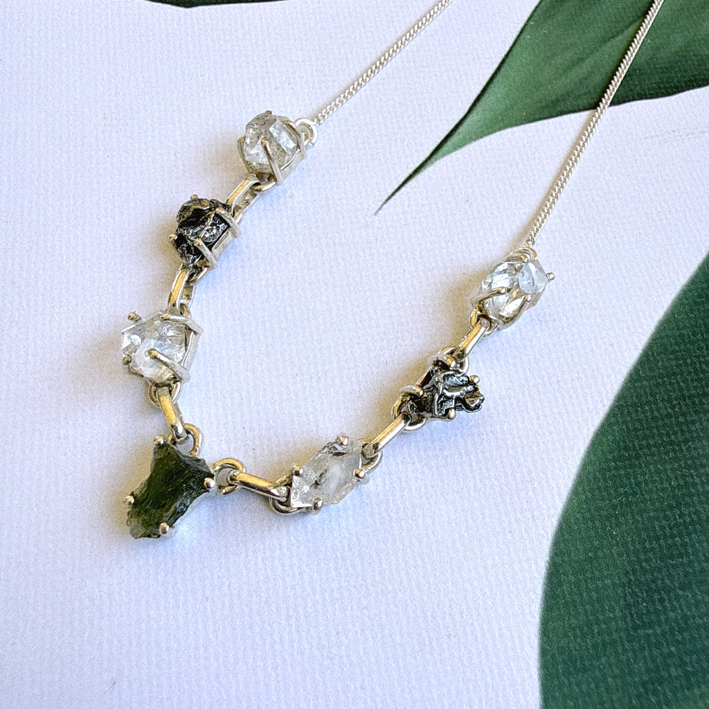 Moldavite, Herkimer Diamond & Meteorite Campo Del Cielo Necklace