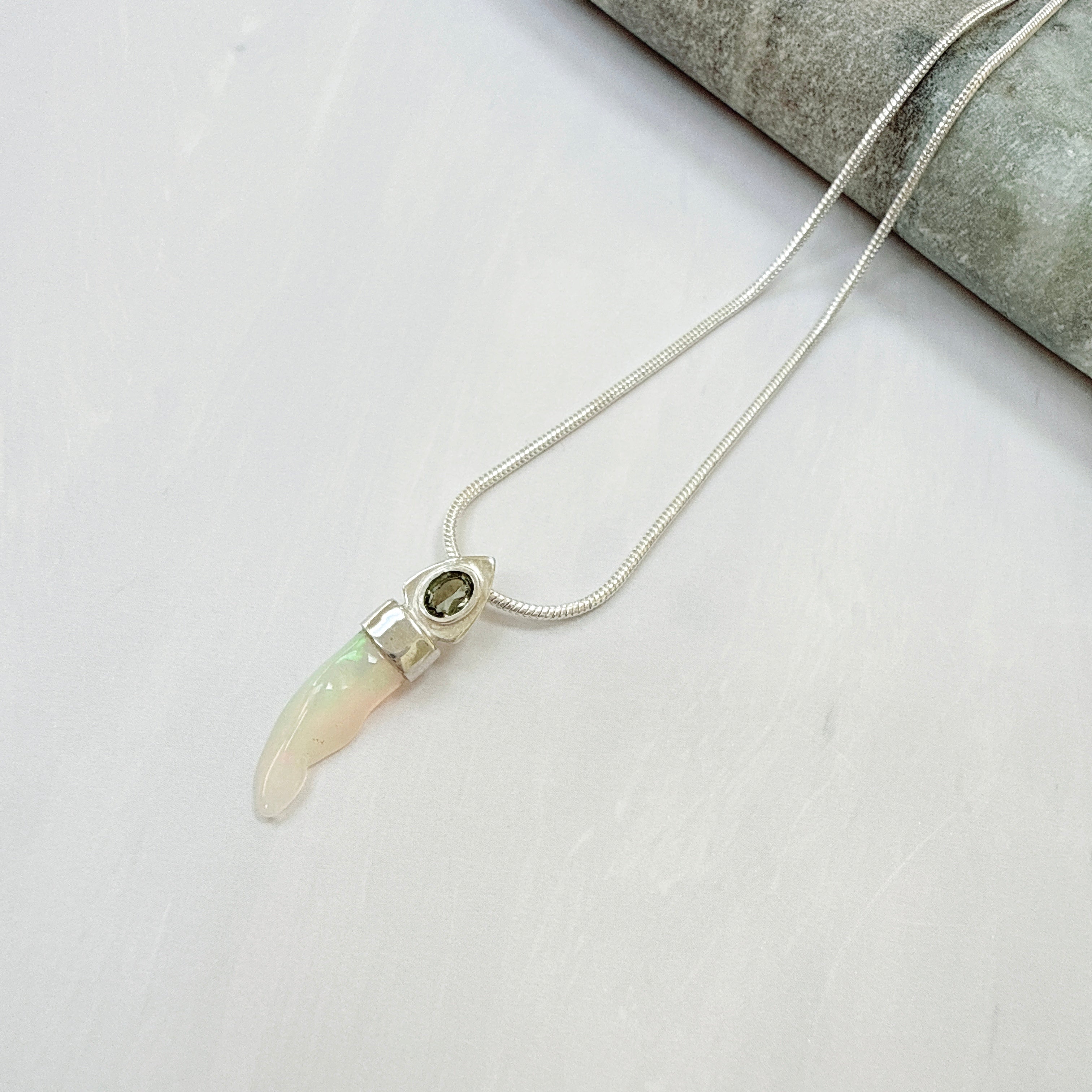 Faceted Moldavite & Ethiopian Opal Pendant