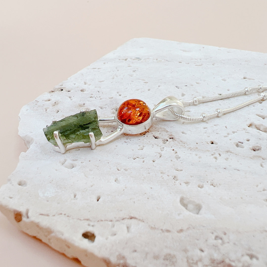 MOLDAVITE & BALTIC AMBER PENDANT