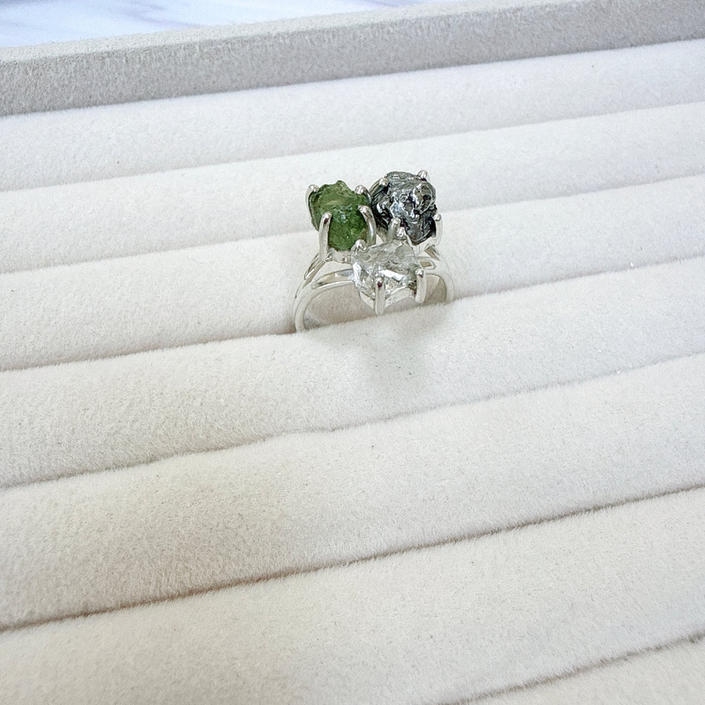 Moldavite, Herkimer Diamond & Meteorite Campo del Cielo Ring