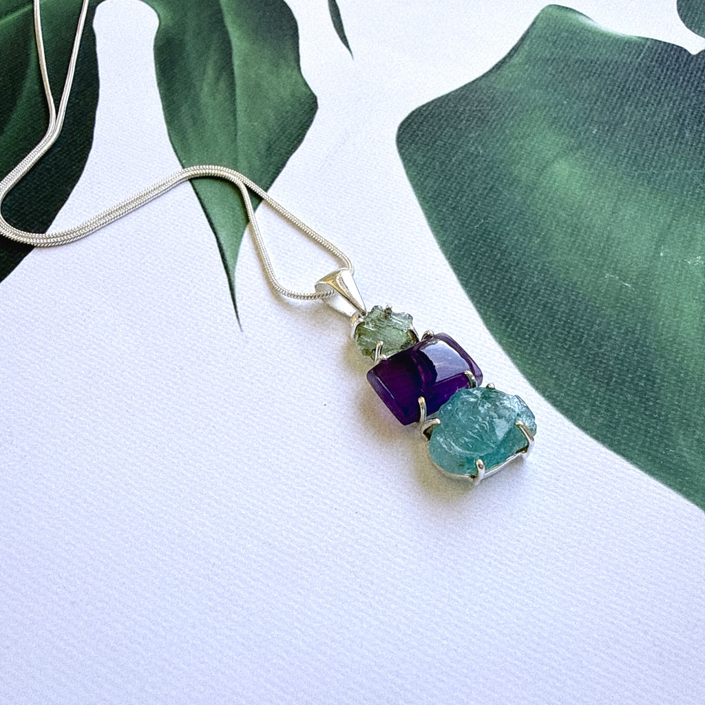 Moldavite, Amethyst & Neon Blue Apatite Pendant