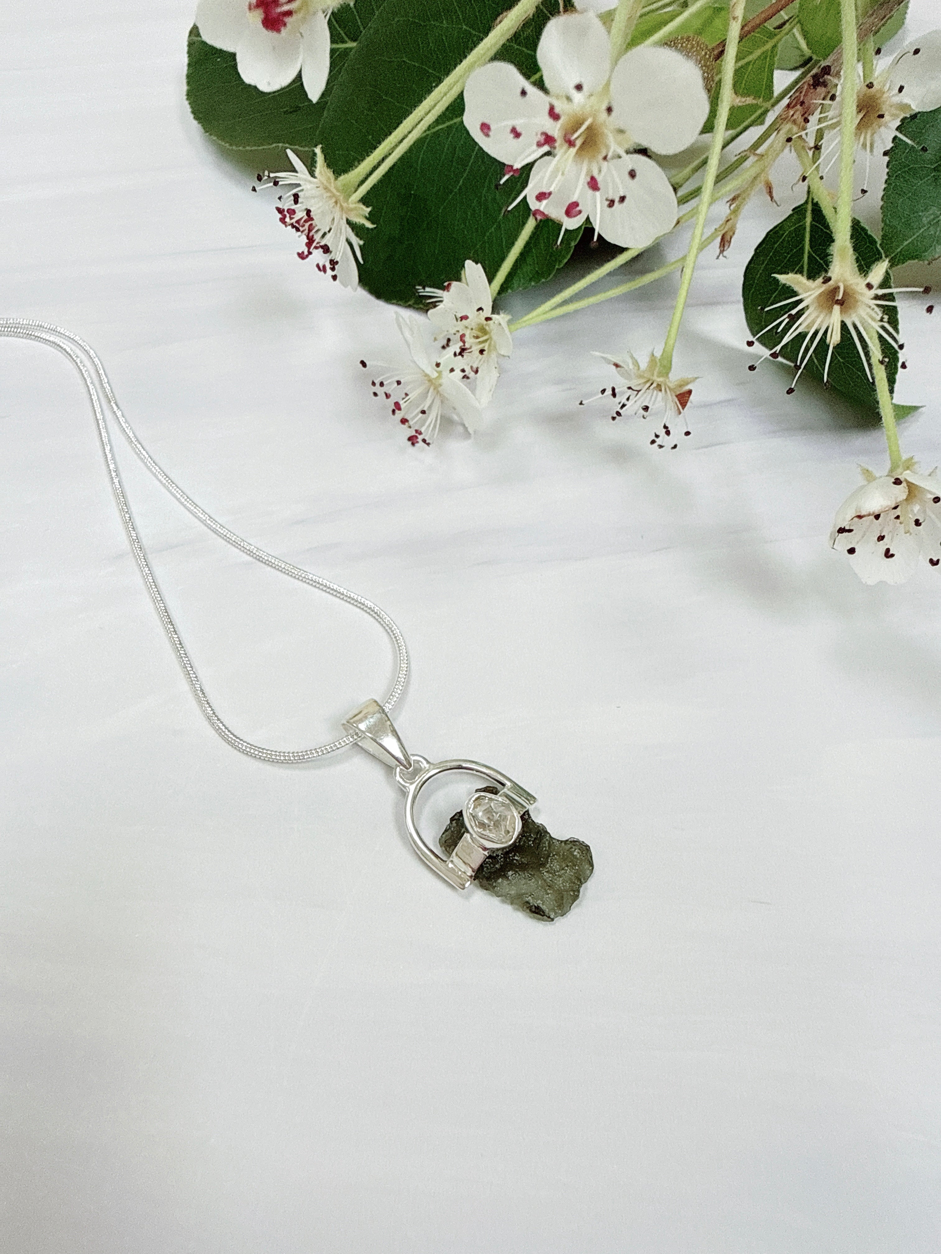 Moldavite with Herkimer Diamond Pendant