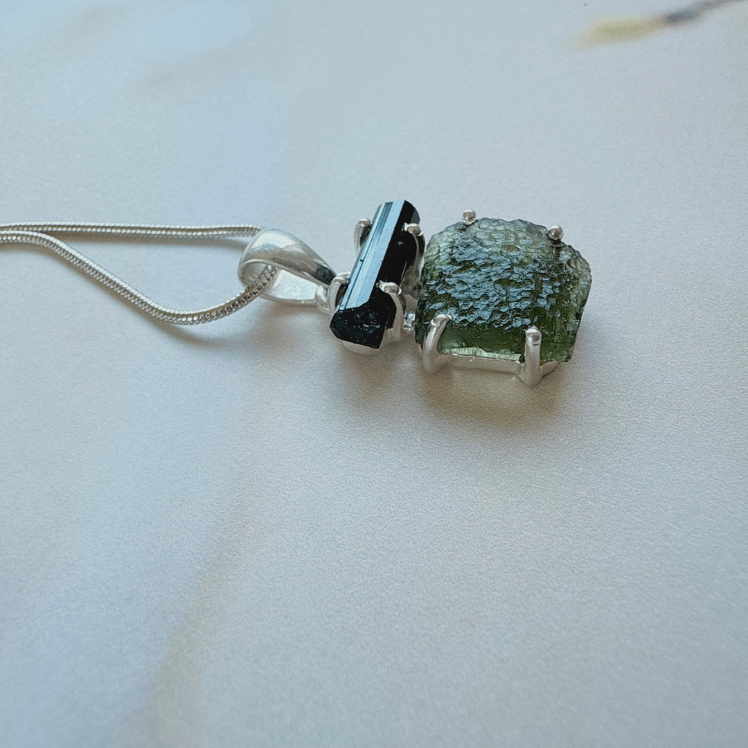 MOLDAVITE & BLACK TOURMALINE PENDANT