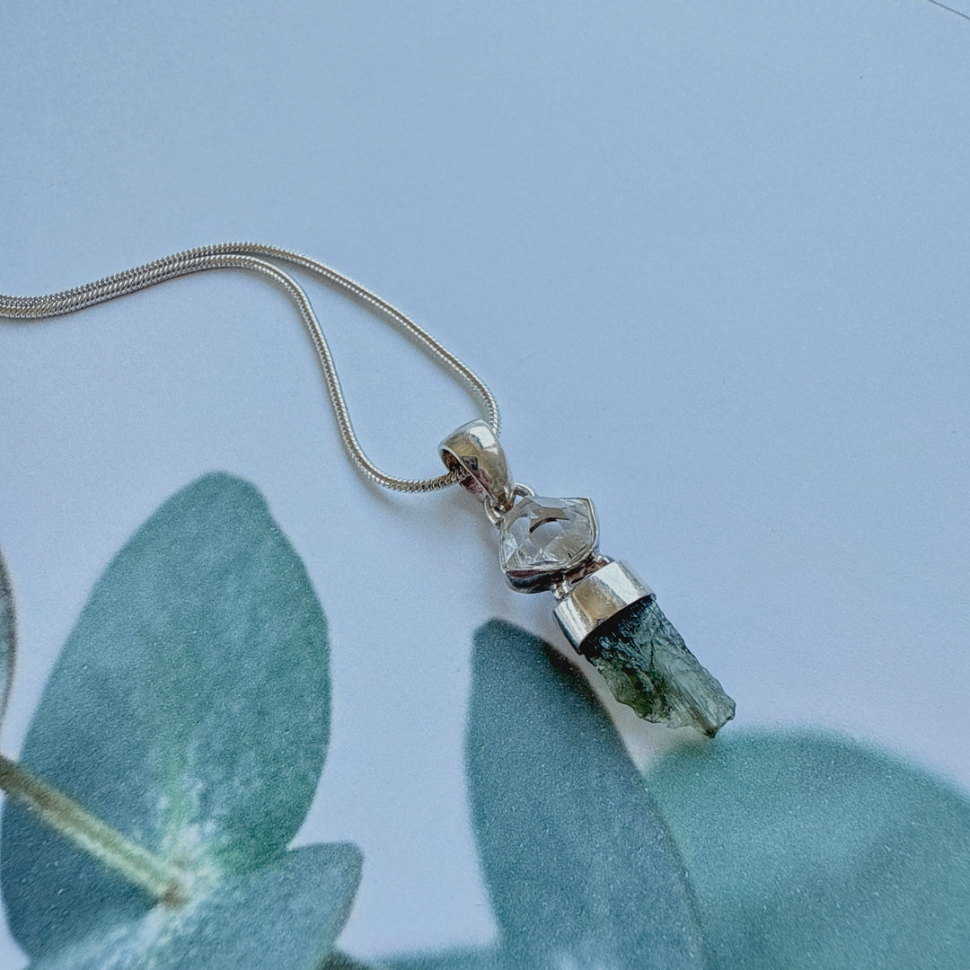 MOLDAVITE & HERKEMIR DIAMOND PENDANT
