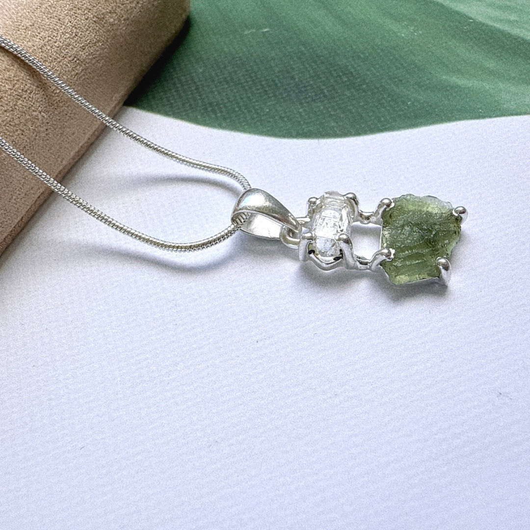 MOLDAVITE & HERKEMIER DIAMOND PENDANT
