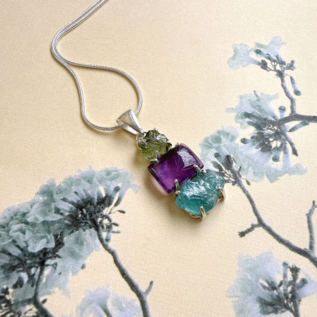 Moldavite, Amethyst & Neon Blue Apatite Pendant