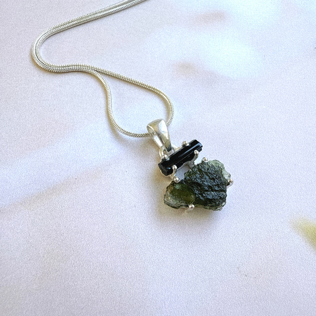 MOLDAVITE & BLACK TOURMALINE PENDANT