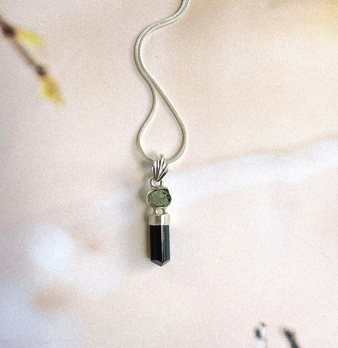 MOLDAVITE & BLACK TOURMALINE PENDANT