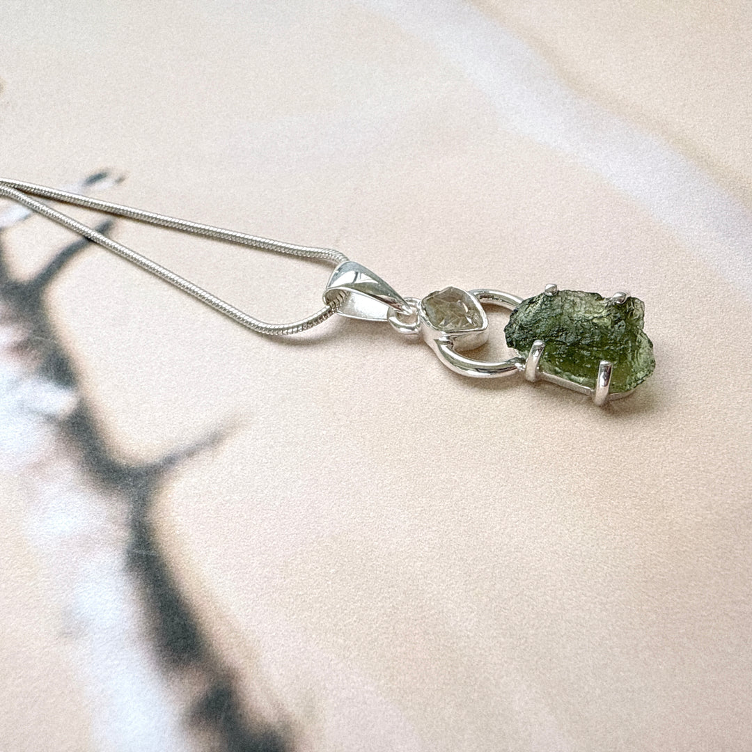 Moldavite & Herkimer Pendant