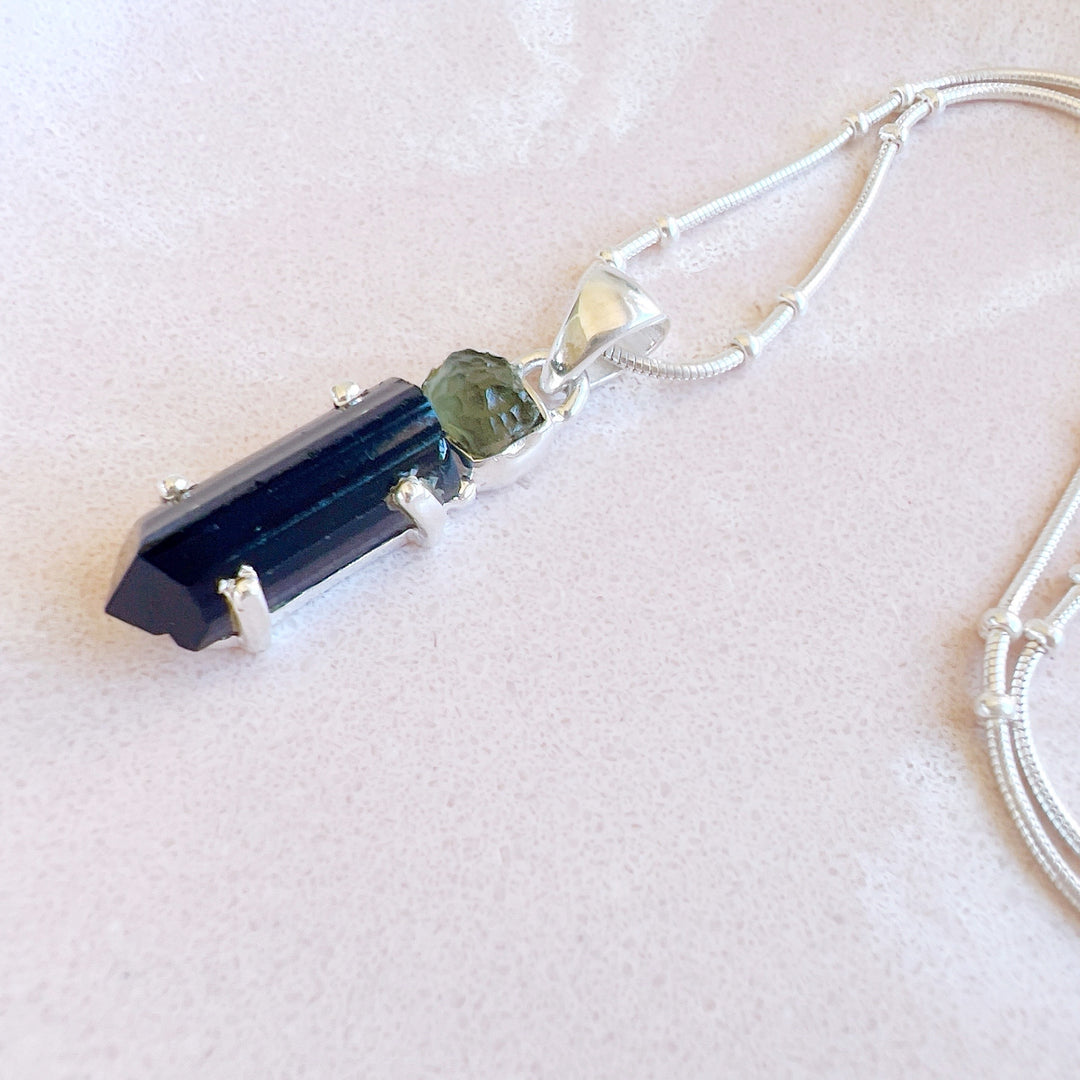 Moldavite & Black Tourmaline Pendant