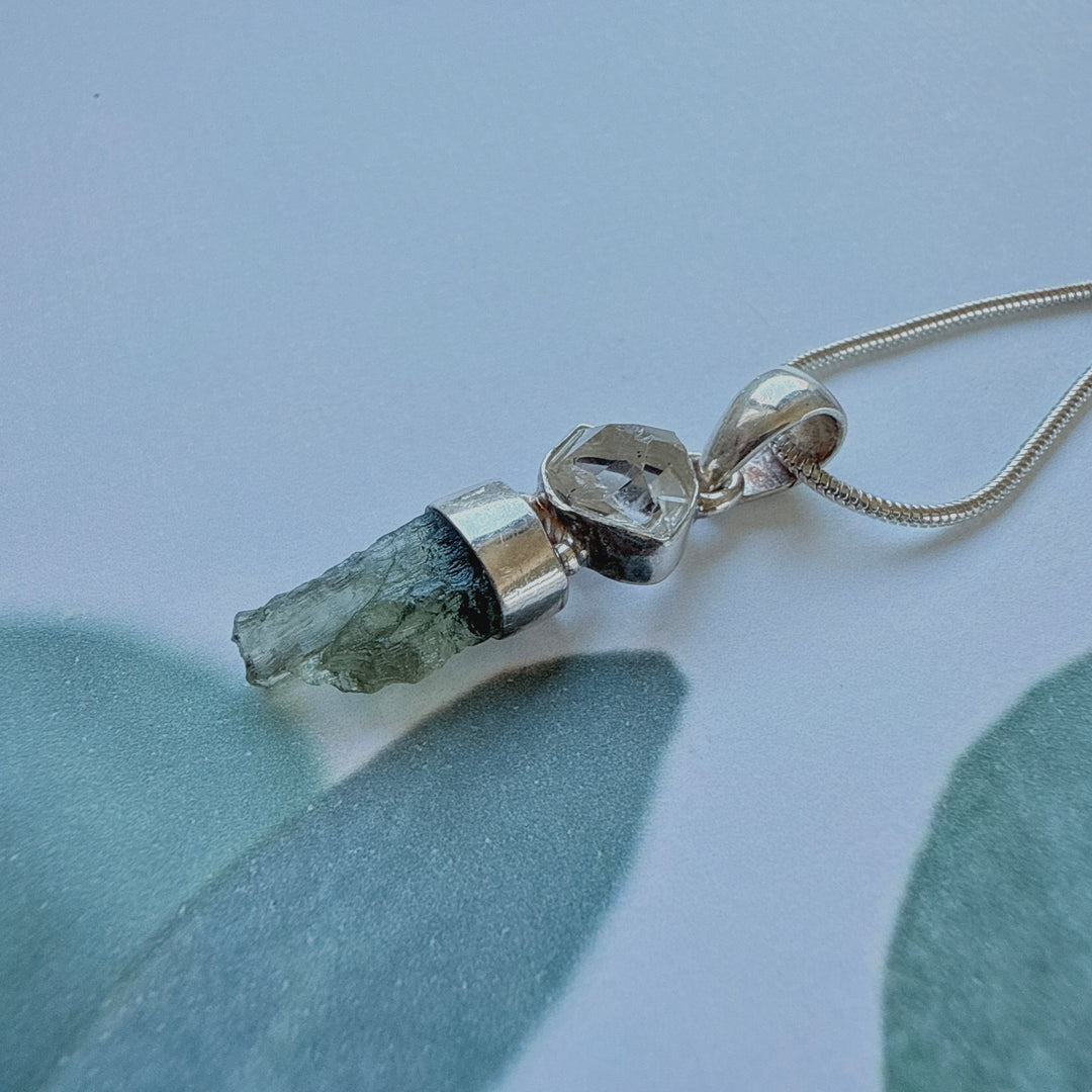 MOLDAVITE & HERKEMIR DIAMOND PENDANT