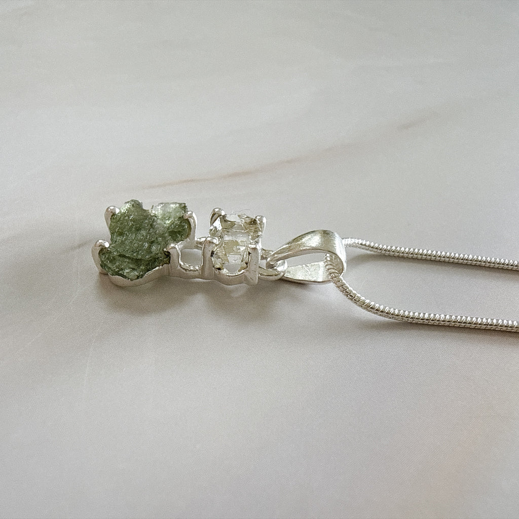 Moldavite with Herkimer Diamond Pendant