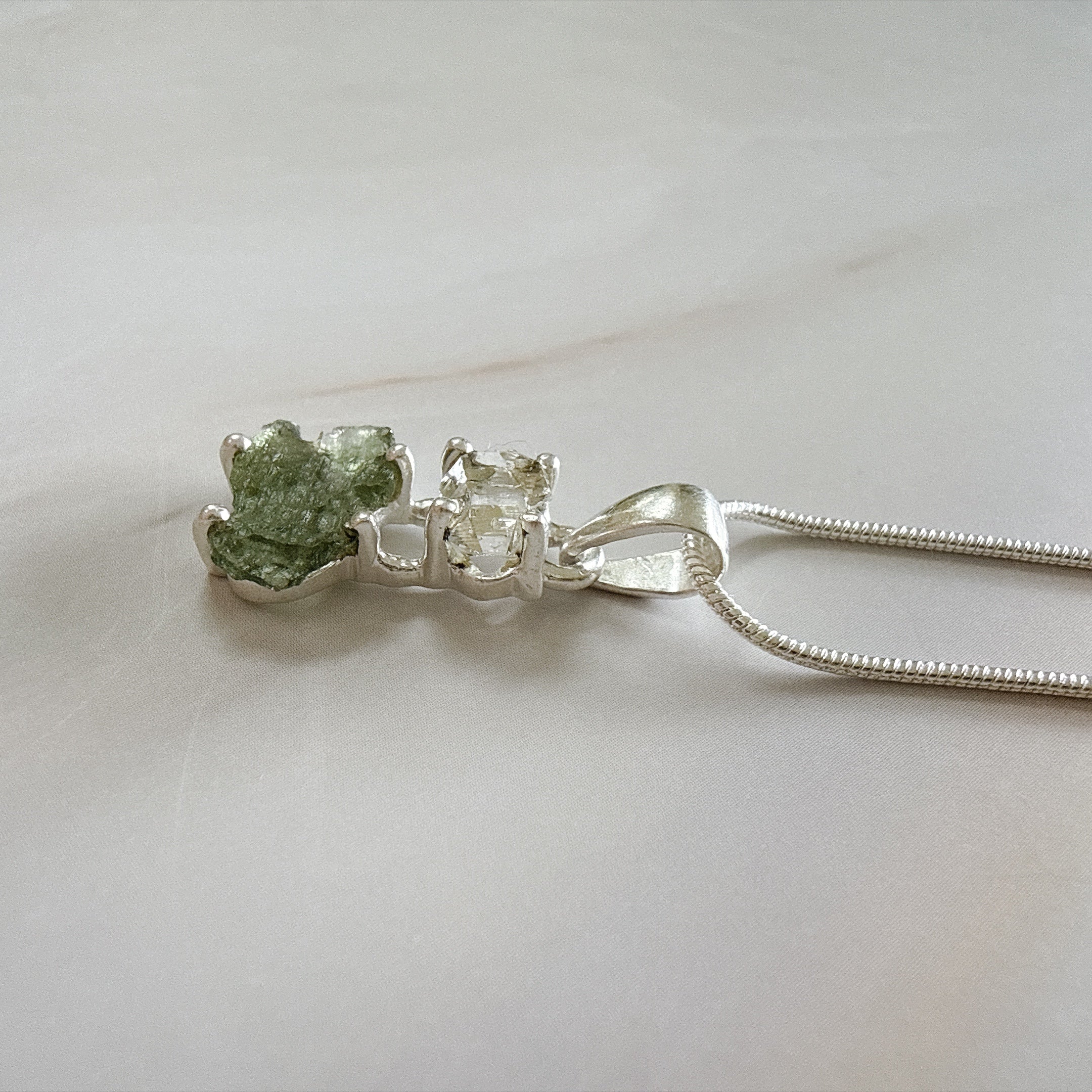 Moldavite with Herkimer Diamond Pendant