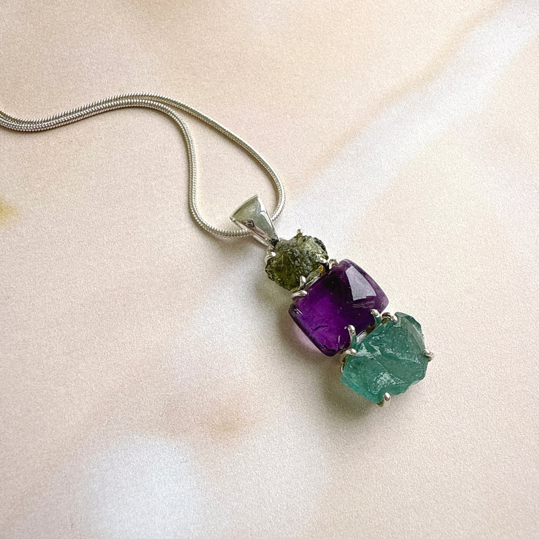 Moldavite, Amethyst & Neon Blue Apatite Pendant