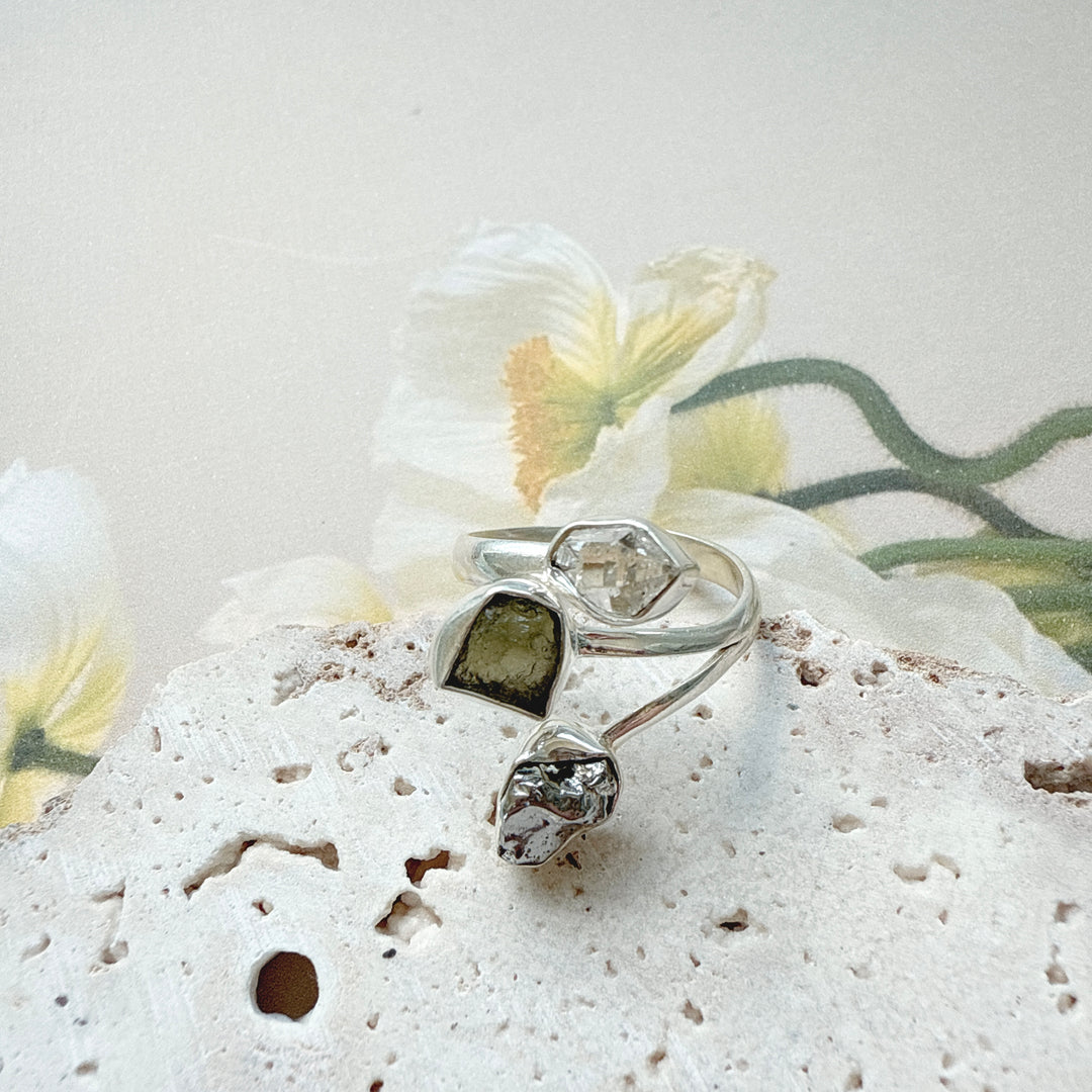 MOLDAVITE, HERKIMER DIAMOND & CAMPO DEL CIELO RING