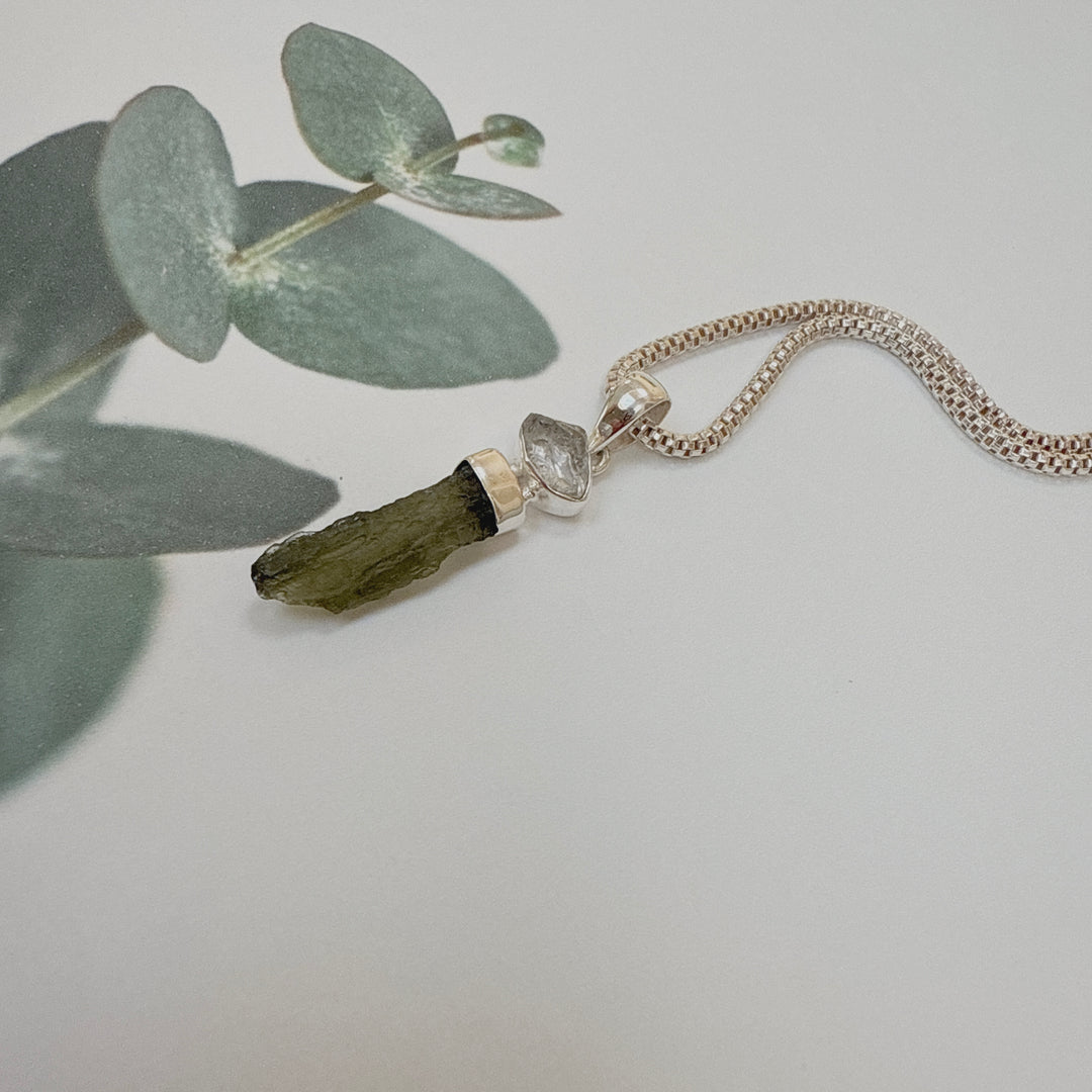 MOLDAVITE & HERKEMIR DIAMOND PENDANT