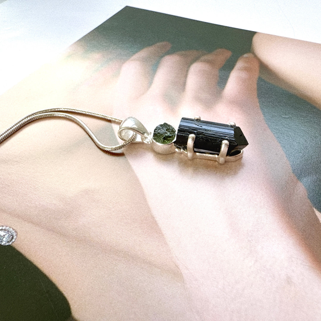 Moldavite & Black Tourmaline Pendant