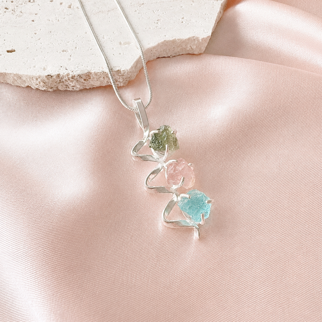Designer – Moldavite, Rose Quartz & Aquamarine Pendant