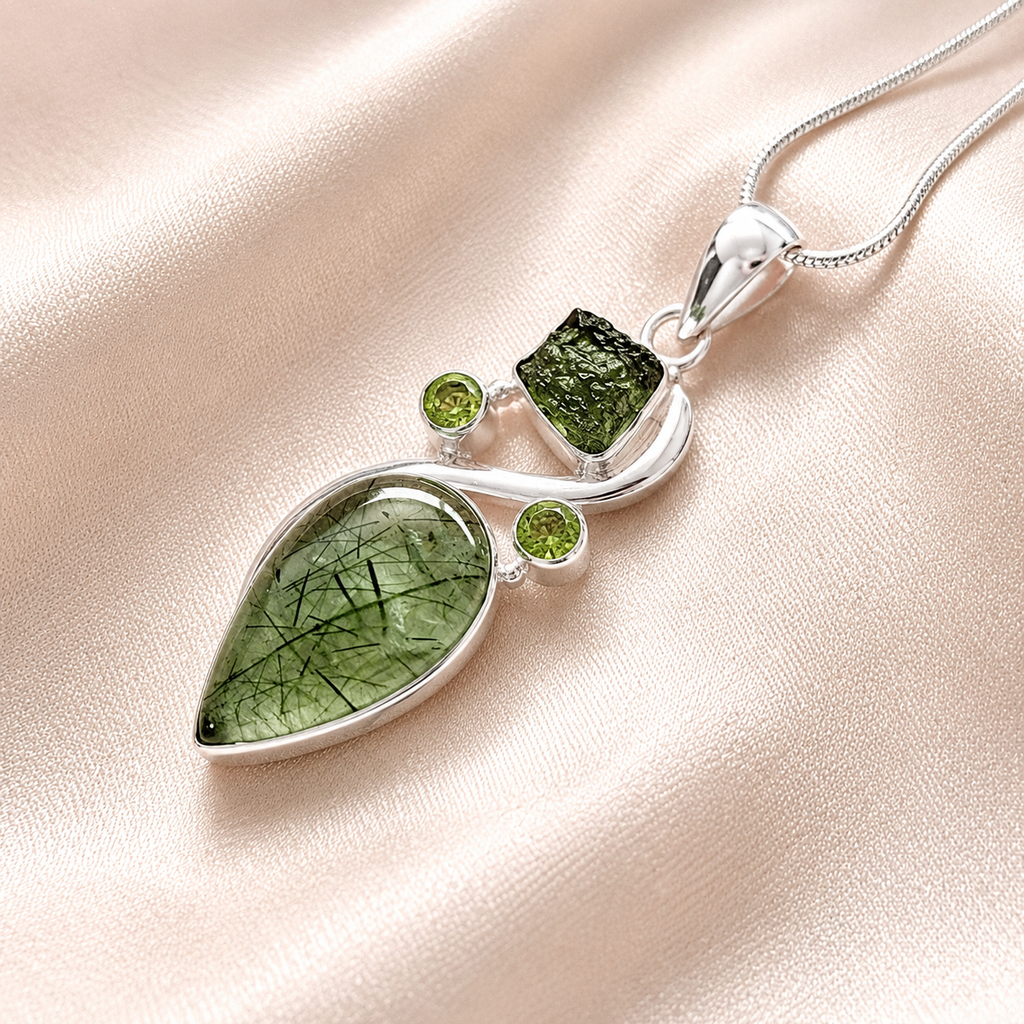 Designer – Actinolite in Prehnite, Moldavite & Peridot Pendant