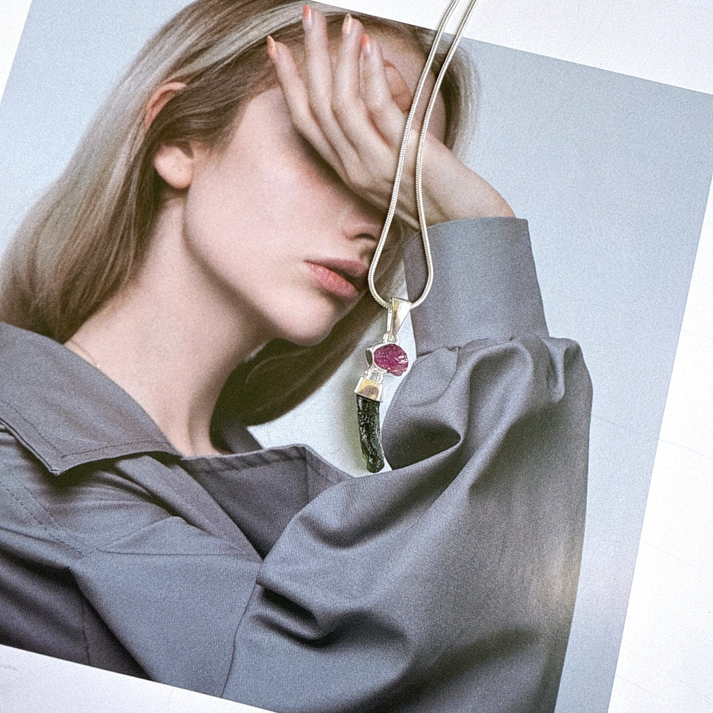 Moldavite & Pink Tourmaline Pendant