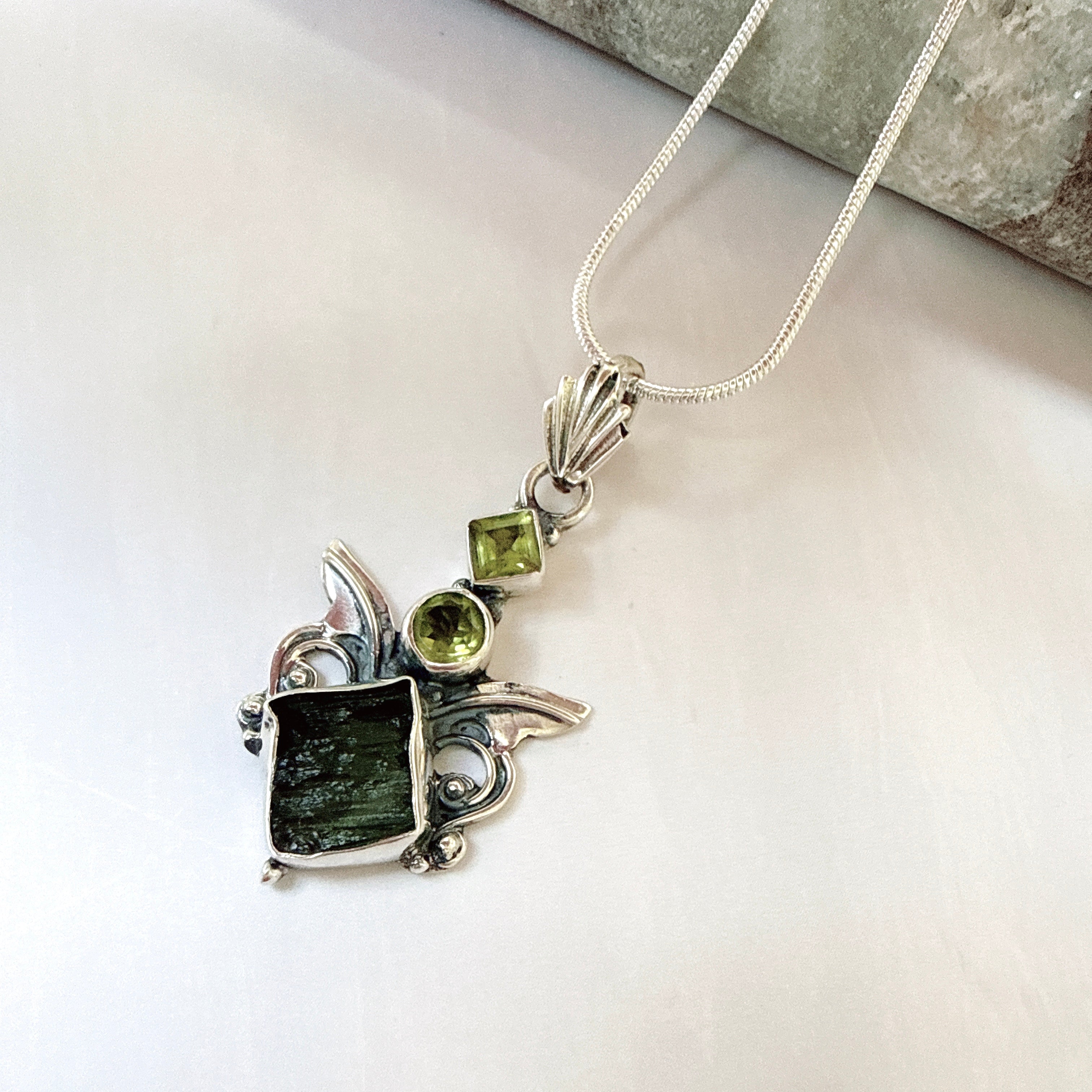 Moldavite & Peridot Faceted Pendant