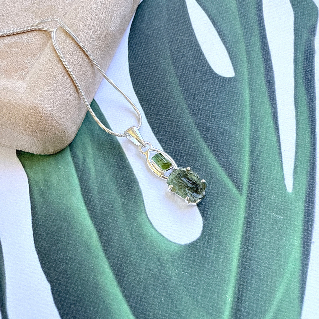 Moldavite & Green Tourmaline Pendant