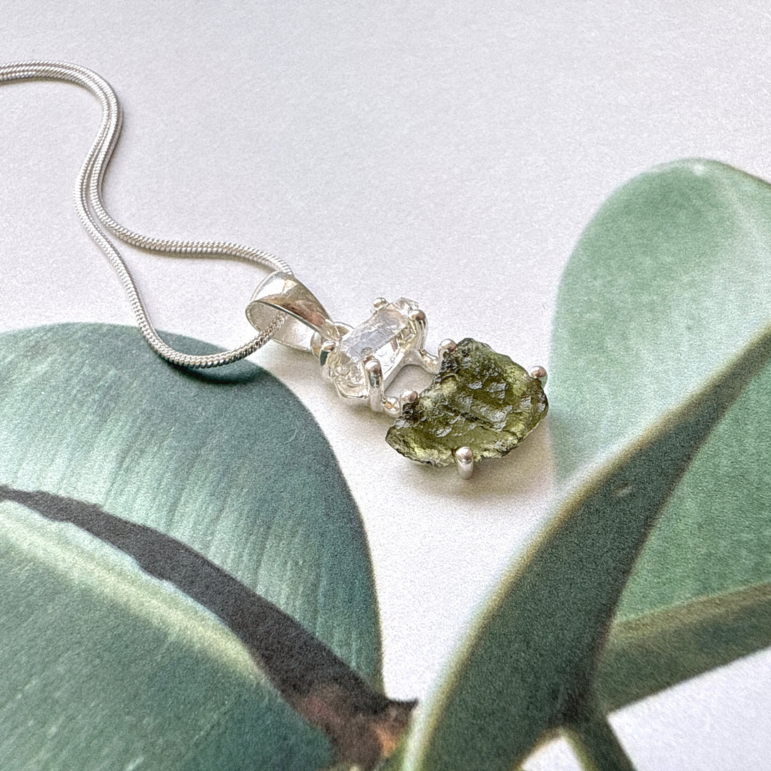 MOLDAVITE & HERKEMIER DIAMOND PENDANT